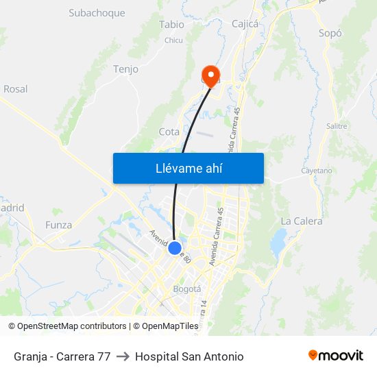 Granja - Carrera 77 to Hospital San Antonio map