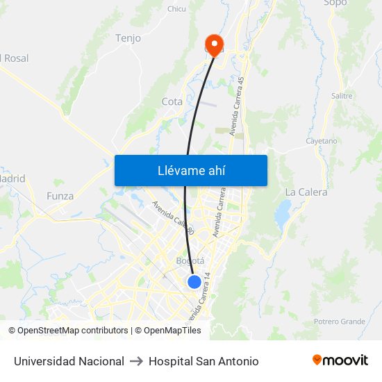 Universidad Nacional to Hospital San Antonio map