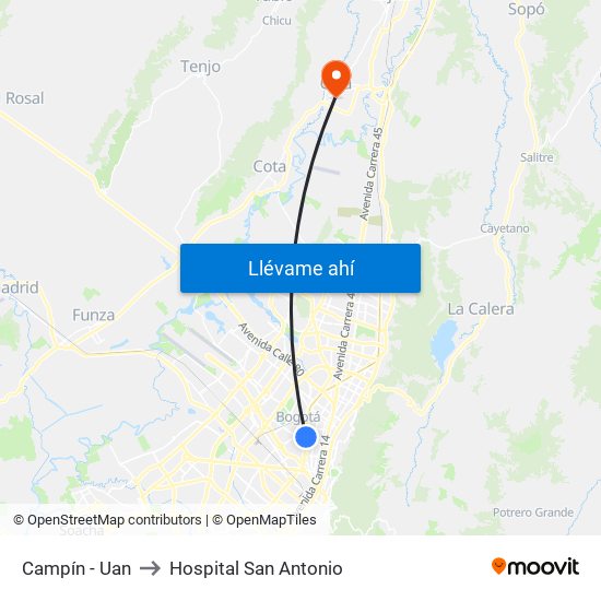 Campín - Uan to Hospital San Antonio map