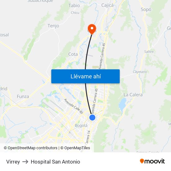 Virrey to Hospital San Antonio map