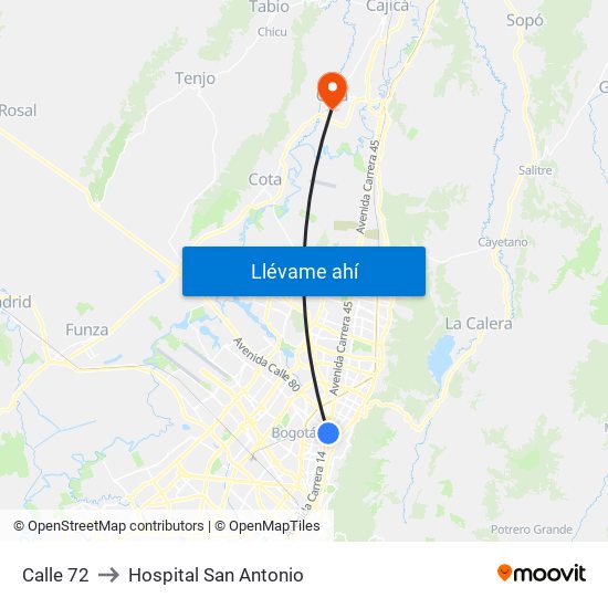 Calle 72 to Hospital San Antonio map