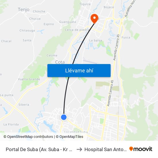 Portal De Suba (Av. Suba - Kr 106) to Hospital San Antonio map