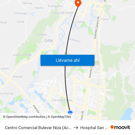 Centro Comercial Bulevar Niza (Ac 127 - Av. Suba) to Hospital San Antonio map