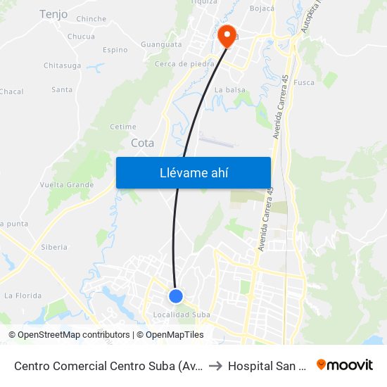 Centro Comercial Centro Suba (Av. Suba - Kr 91) to Hospital San Antonio map