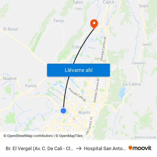 Br. El Vergel (Av. C. De Cali - Cl 18) to Hospital San Antonio map