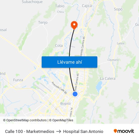 Calle 100 - Marketmedios to Hospital San Antonio map