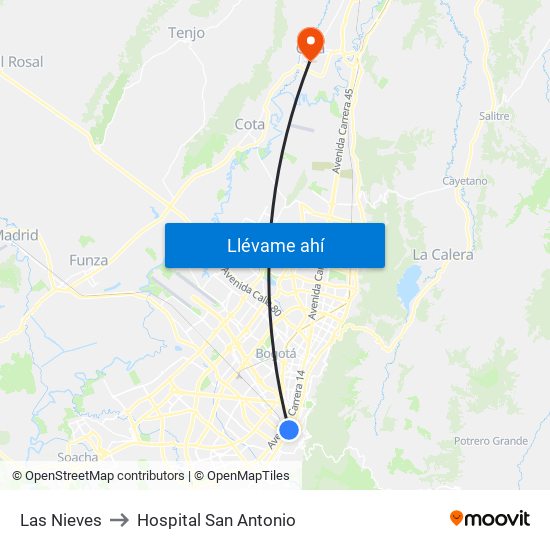 Las Nieves to Hospital San Antonio map