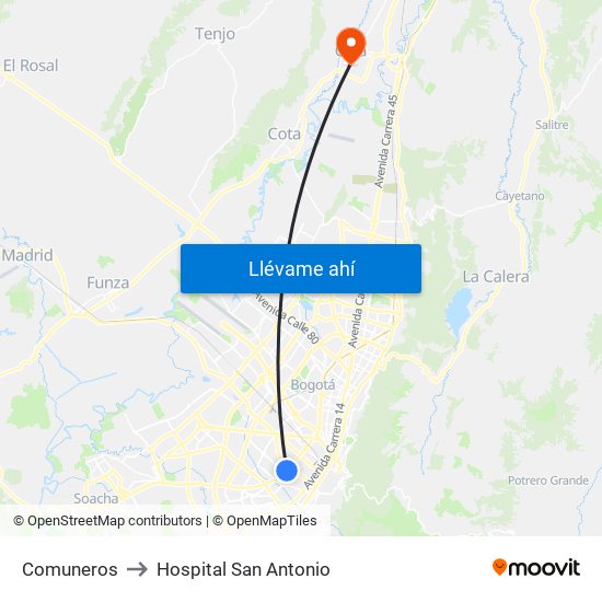 Comuneros to Hospital San Antonio map