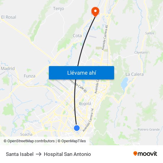 Santa Isabel to Hospital San Antonio map
