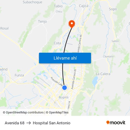 Avenida 68 to Hospital San Antonio map