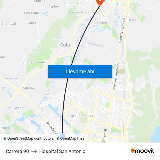 Carrera 90 to Hospital San Antonio map