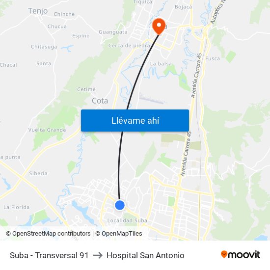 Suba - Transversal 91 to Hospital San Antonio map