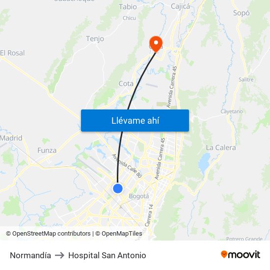 Normandía to Hospital San Antonio map