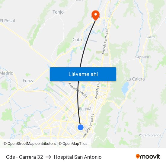 Cds - Carrera 32 to Hospital San Antonio map