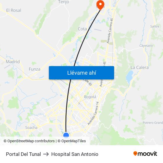 Portal Del Tunal to Hospital San Antonio map