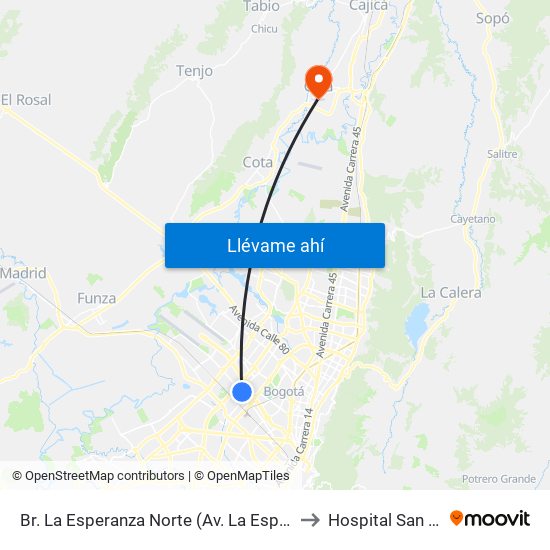 Br. La Esperanza Norte (Av. La Esperanza - Kr 69d) to Hospital San Antonio map