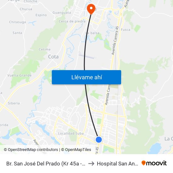 Br. San José Del Prado (Kr 45a - Cl 137) to Hospital San Antonio map