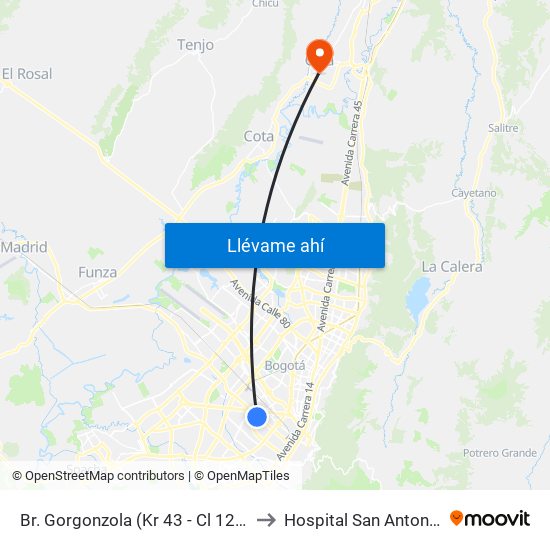 Br. Gorgonzola (Kr 43 - Cl 12b) to Hospital San Antonio map
