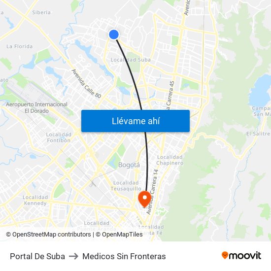 Portal De Suba to Medicos Sin Fronteras map