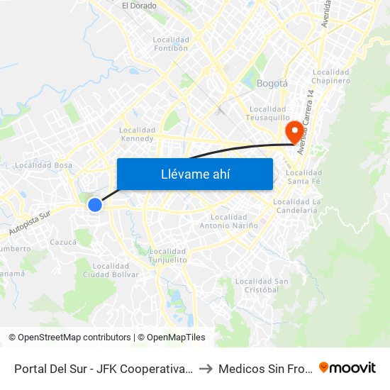 Portal Del Sur - JFK Cooperativa Financiera to Medicos Sin Fronteras map