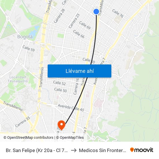 Br. San Felipe (Kr 20a - Cl 74) to Medicos Sin Fronteras map