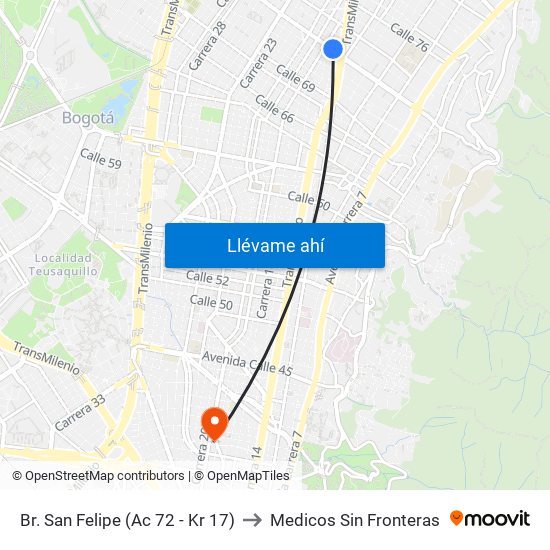 Br. San Felipe (Ac 72 - Kr 17) to Medicos Sin Fronteras map