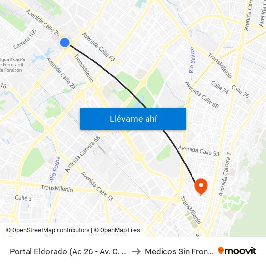 Portal Eldorado (Ac 26 - Av. C. De Cali) to Medicos Sin Fronteras map