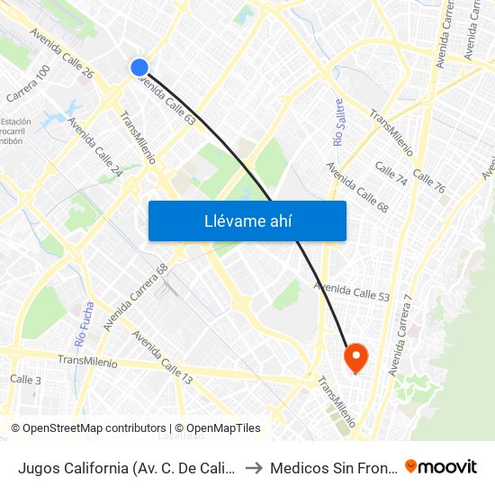 Jugos California (Av. C. De Cali - Ac 63) to Medicos Sin Fronteras map