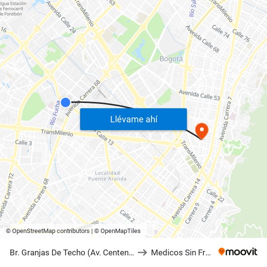 Br. Granjas De Techo (Av. Centenario - Kr 65) to Medicos Sin Fronteras map