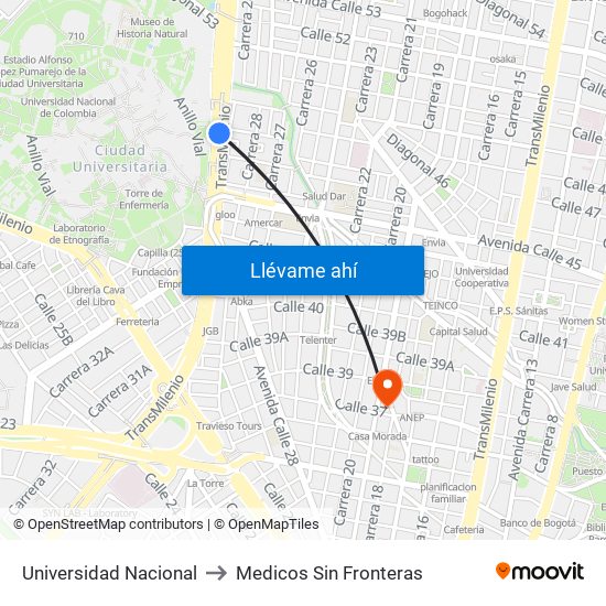 Universidad Nacional to Medicos Sin Fronteras map