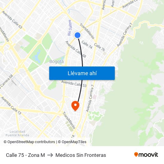 Calle 75 - Zona M to Medicos Sin Fronteras map