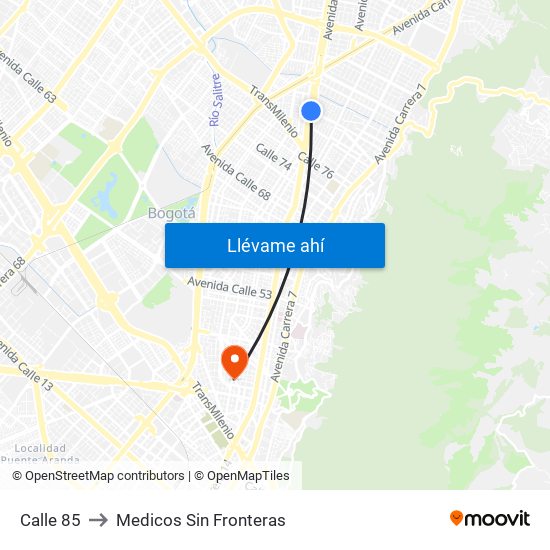 Calle 85 to Medicos Sin Fronteras map