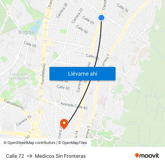 Calle 72 to Medicos Sin Fronteras map