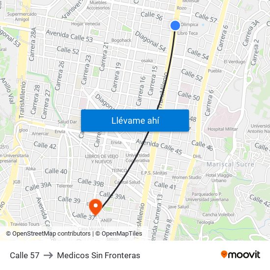 Calle 57 to Medicos Sin Fronteras map