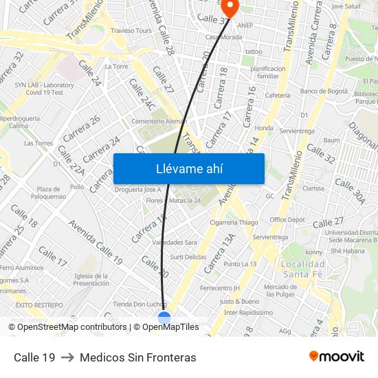 Calle 19 to Medicos Sin Fronteras map