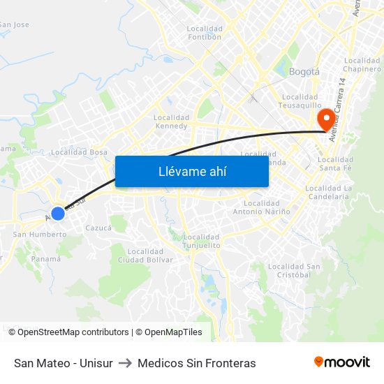 San Mateo - Unisur to Medicos Sin Fronteras map