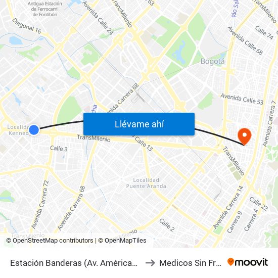 Estación Banderas (Av. Américas - Kr 78a) (A) to Medicos Sin Fronteras map