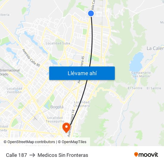 Calle 187 to Medicos Sin Fronteras map