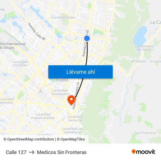 Calle 127 to Medicos Sin Fronteras map