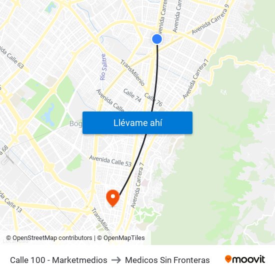 Calle 100 - Marketmedios to Medicos Sin Fronteras map