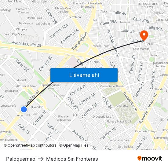 Paloquemao to Medicos Sin Fronteras map