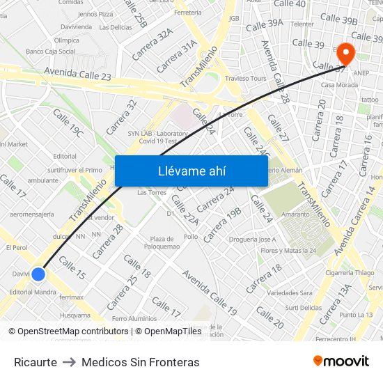 Ricaurte to Medicos Sin Fronteras map