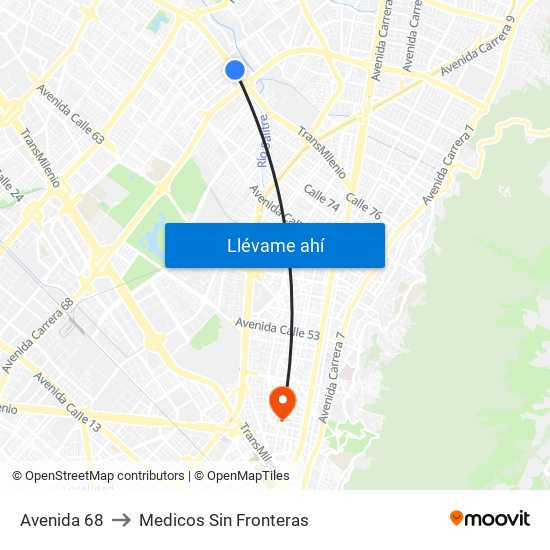 Avenida 68 to Medicos Sin Fronteras map