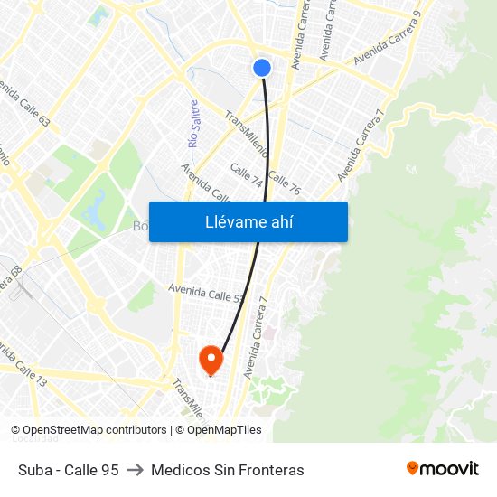 Suba - Calle 95 to Medicos Sin Fronteras map