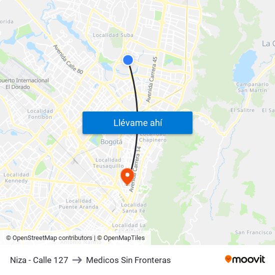 Niza - Calle 127 to Medicos Sin Fronteras map