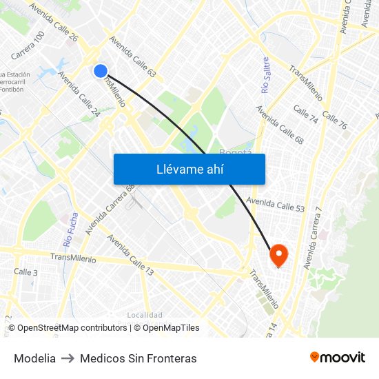 Modelia to Medicos Sin Fronteras map