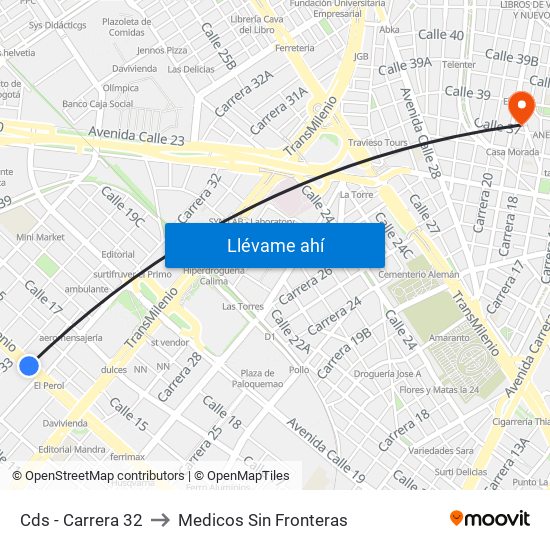 Cds - Carrera 32 to Medicos Sin Fronteras map