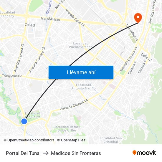 Portal Del Tunal to Medicos Sin Fronteras map