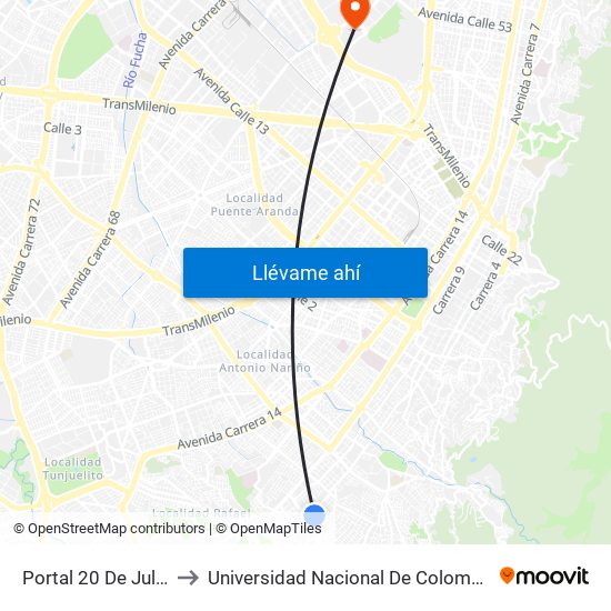 Portal 20 De Julio to Universidad Nacional De Colombia map