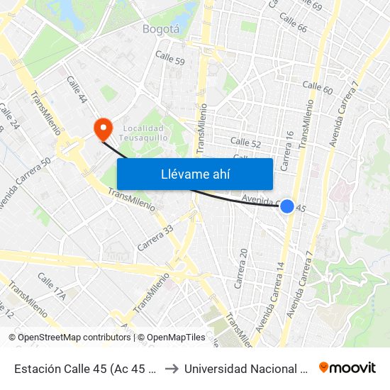 Estación Calle 45 (Ac 45 - Av. Caracas) to Universidad Nacional De Colombia map